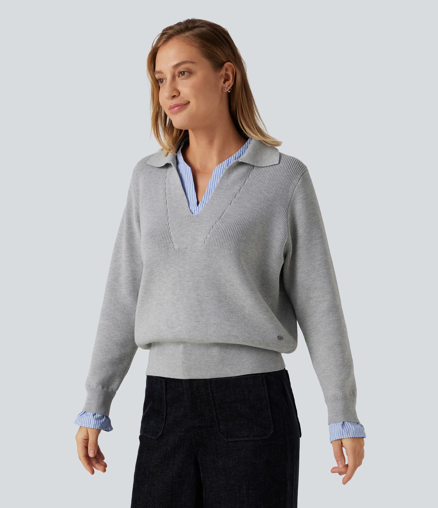 Collared V Neck Long Sleeve 2-in-1 Work Sweater Collared V Neck Long Sleeve 2-in-1 Work Sweater