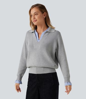 Collared V Neck Long Sleeve 2-in-1 Work Sweater Collared V Neck Long Sleeve 2-in-1 Work Sweater