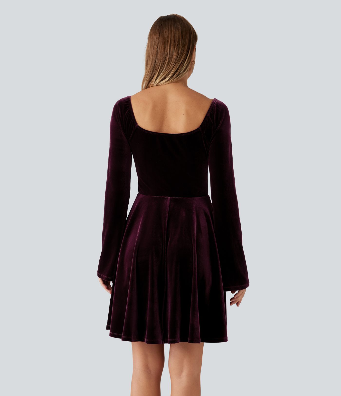 Diamond Collar Long Sleeve Ruched A-Line Velvet Mini Party Dress with Pockets