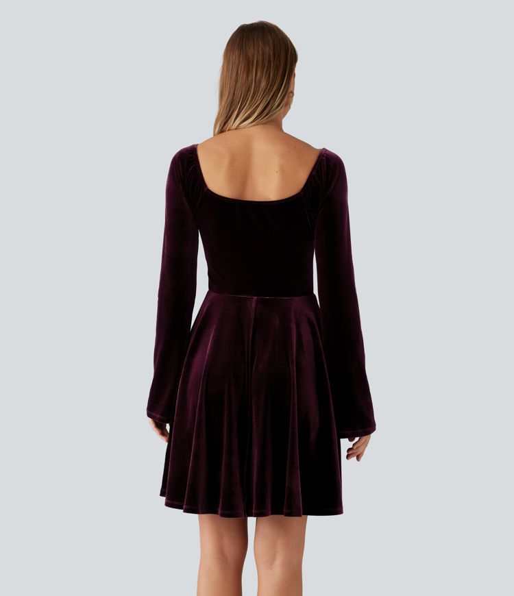 Diamond Collar Long Sleeve Ruched A-Line Velvet Mini Party Dress with Pockets