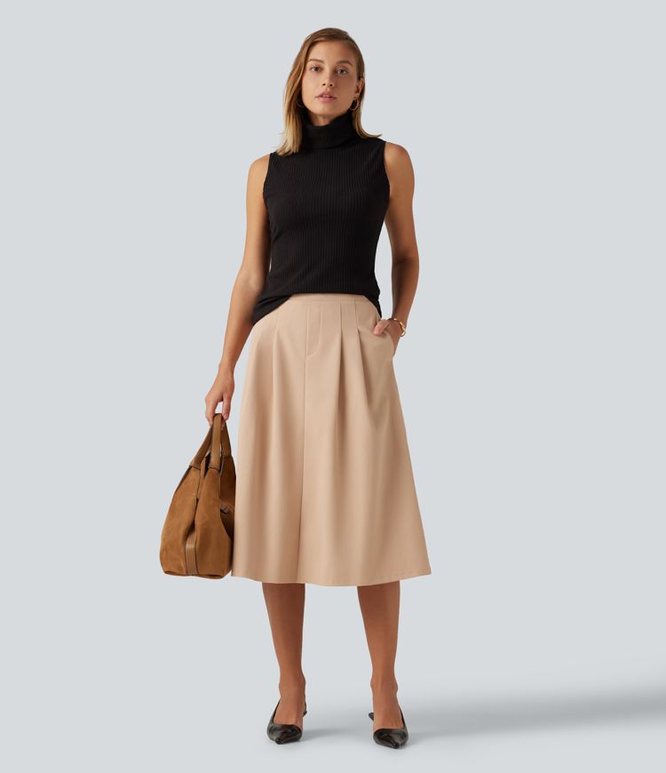 High Waisted A-Line Midi Work Skirt with Pockets
