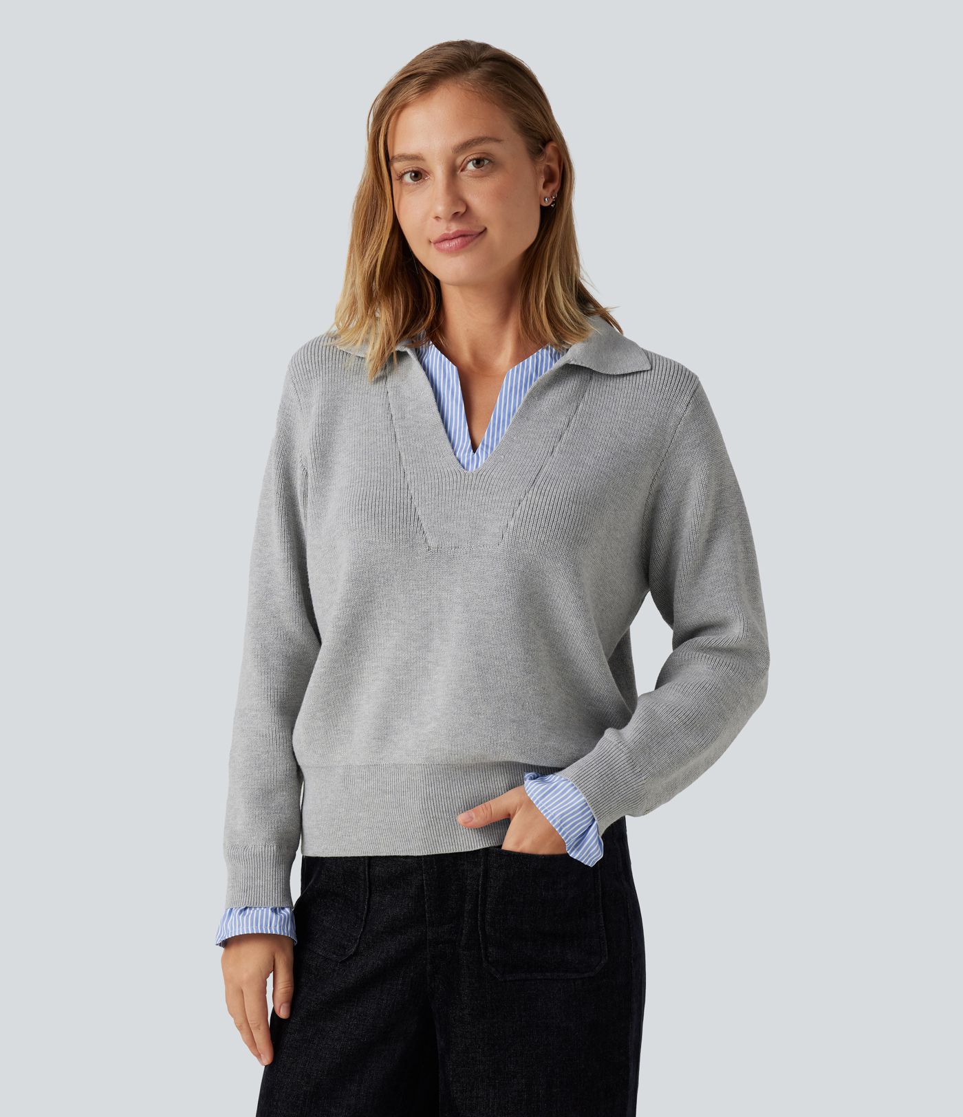 Collared V Neck Long Sleeve 2-in-1 Work Sweater Collared V Neck Long Sleeve 2-in-1 Work Sweater