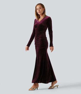 V Neck Long Sleeve Ruched Bodycon Velvet Party Maxi Dress V Neck Long Sleeve Ruched Bodycon Velvet Party Maxi Dress