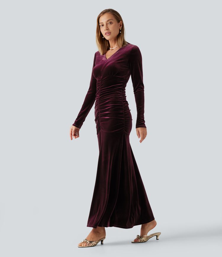 V Neck Long Sleeve Ruched Bodycon Velvet Party Maxi Dress V Neck Long Sleeve Ruched Bodycon Velvet Party Maxi Dress