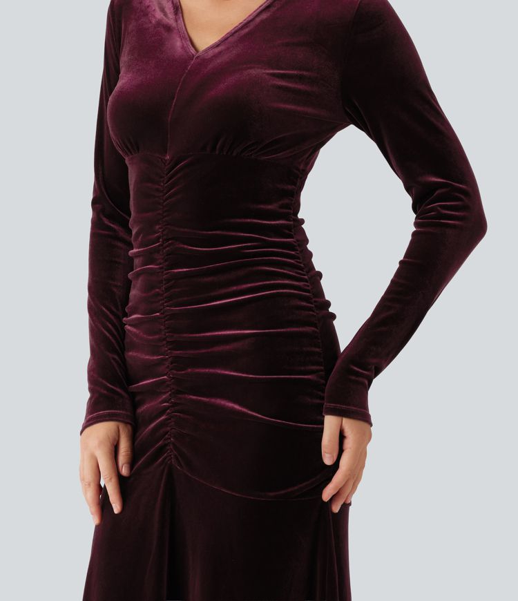 V Neck Long Sleeve Ruched Bodycon Velvet Party Maxi Dress V Neck Long Sleeve Ruched Bodycon Velvet Party Maxi Dress