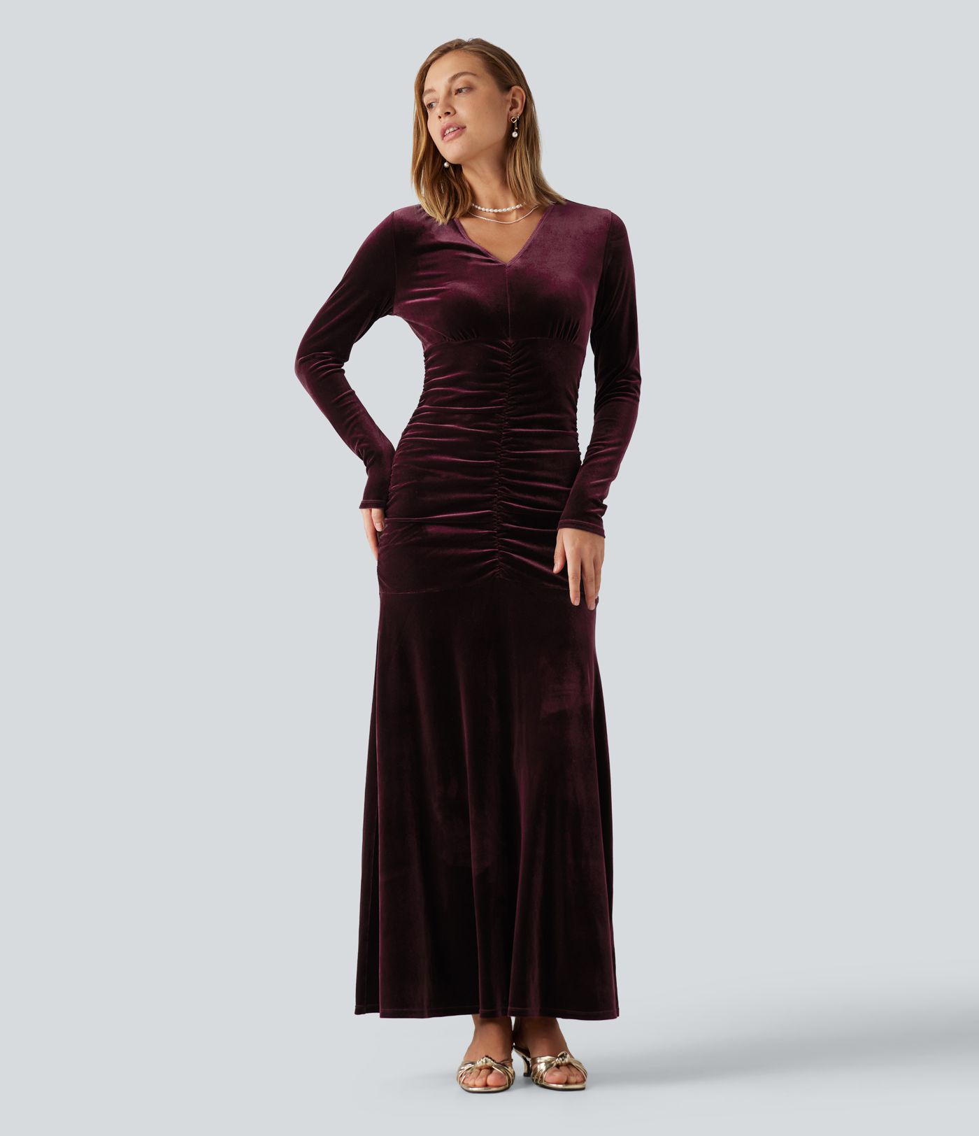 V Neck Long Sleeve Ruched Bodycon Velvet Party Maxi Dress V Neck Long Sleeve Ruched Bodycon Velvet Party Maxi Dress