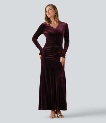 V Neck Long Sleeve Ruched Bodycon Velvet Party Maxi Dress V Neck Long Sleeve Ruched Bodycon Velvet Party Maxi Dress