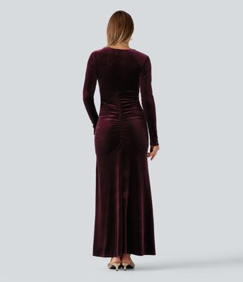V Neck Long Sleeve Ruched Bodycon Velvet Party Maxi Dress V Neck Long Sleeve Ruched Bodycon Velvet Party Maxi Dress