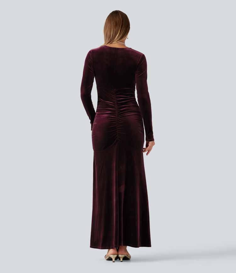 V Neck Long Sleeve Ruched Bodycon Velvet Party Maxi Dress V Neck Long Sleeve Ruched Bodycon Velvet Party Maxi Dress