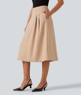 High Waisted A-Line Midi Work Skirt with Pockets
