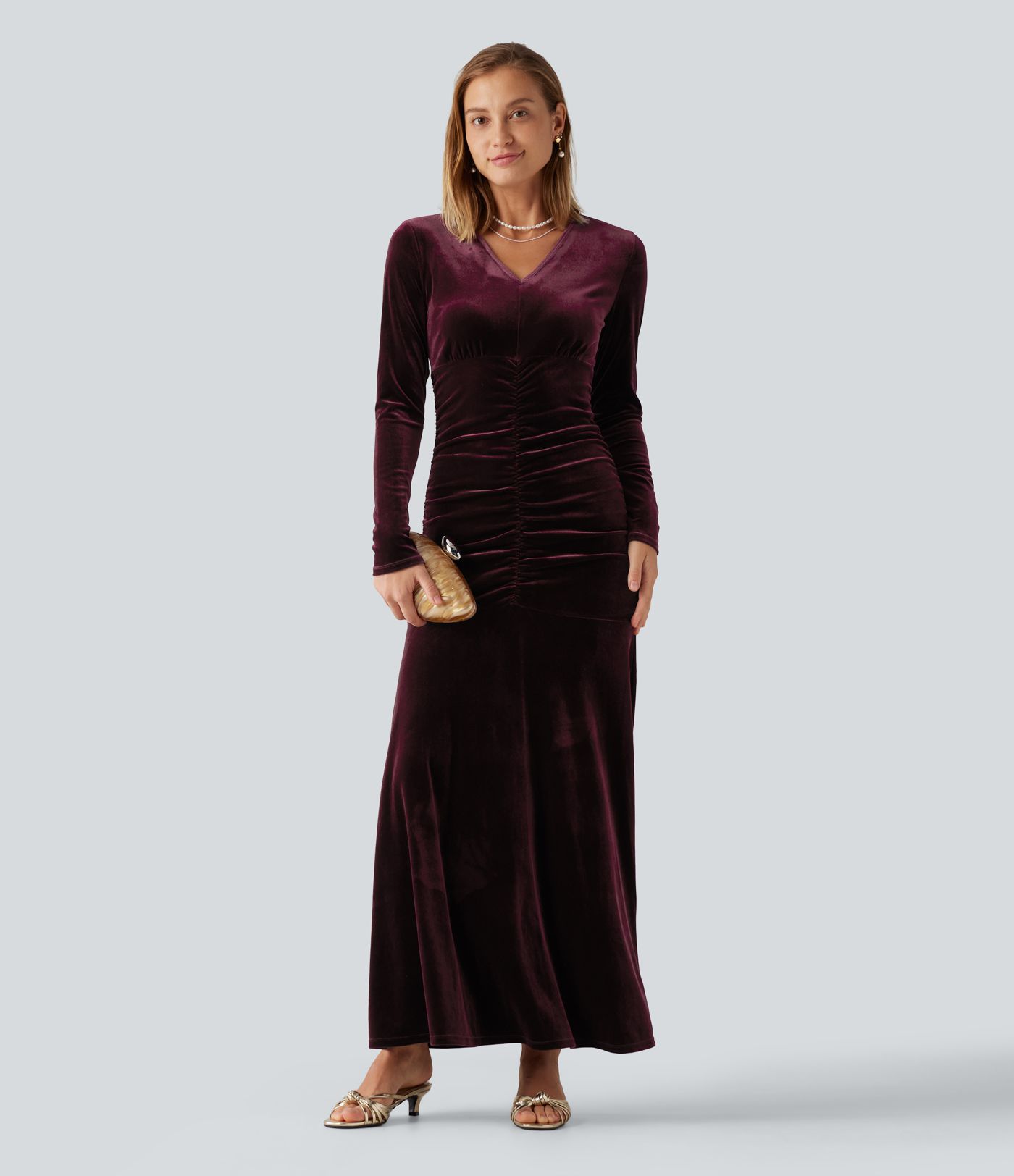 V Neck Long Sleeve Ruched Bodycon Velvet Party Maxi Dress V Neck Long Sleeve Ruched Bodycon Velvet Party Maxi Dress