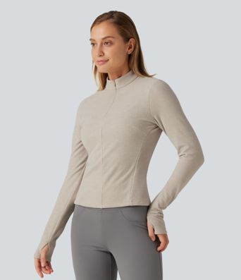 Veste polaire casual à col montant, manches longues et passe-pouces Veste polaire casual à col montant, manches longues et passe-pouces