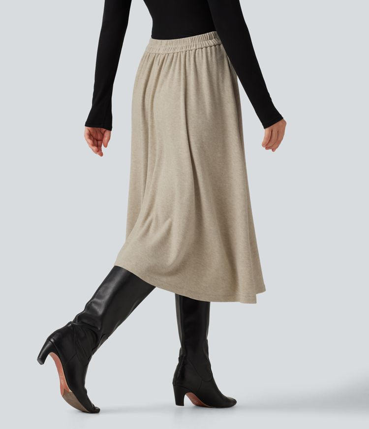Oatmeal Khaki High Waisted A-Line Midi Work Skirt with Pockets / 2