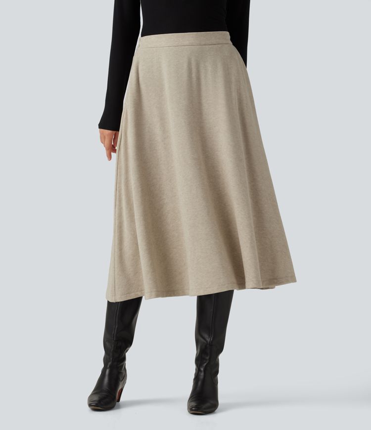Oatmeal Khaki High Waisted A-Line Midi Work Skirt with Pockets / 1