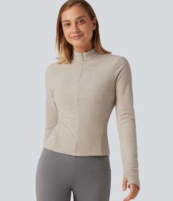 Veste polaire casual à col montant, manches longues et passe-pouces Veste polaire casual à col montant, manches longues et passe-pouces