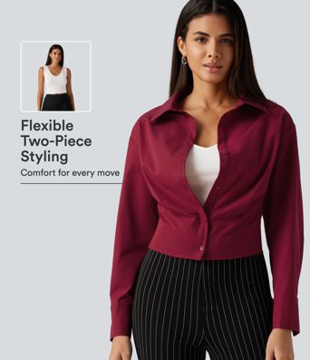 Long Sleeve Boxy Color Block Work Shirt with Tank Top Inside