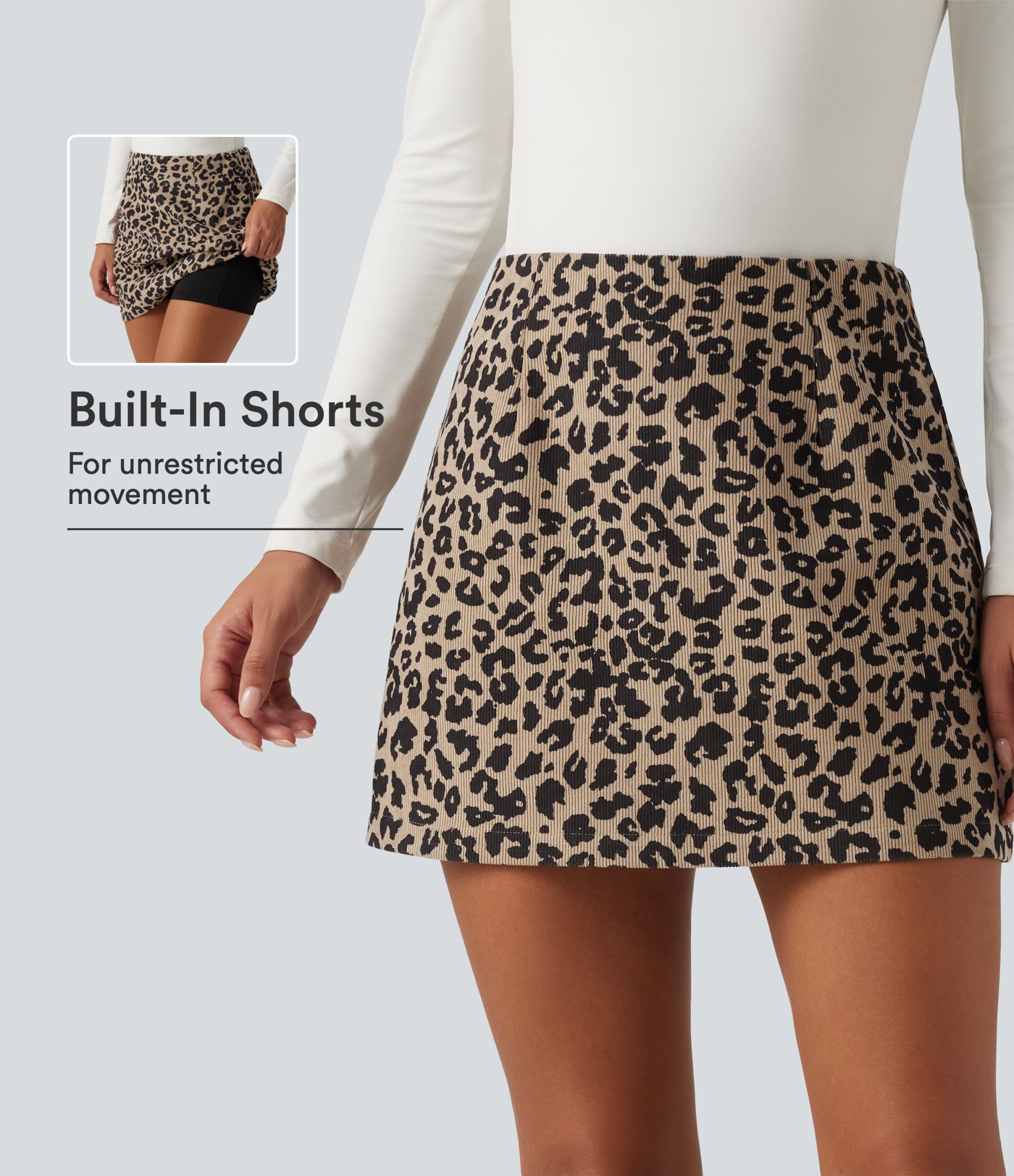 High Waisted 2-in-1 A-Line Leopard Print Corduroy Mini Casual Skirt with Pocket High Waisted 2-in-1 A-Line Leopard Print Corduroy Mini Casual Skirt with Pocket