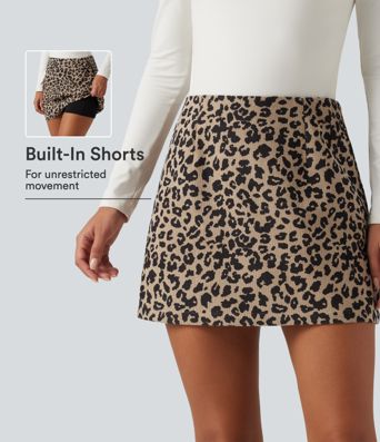 High Waisted 2-in-1 A-Line Leopard Print Corduroy Mini Casual Skirt with Pocket High Waisted 2-in-1 A-Line Leopard Print Corduroy Mini Casual Skirt with Pocket
