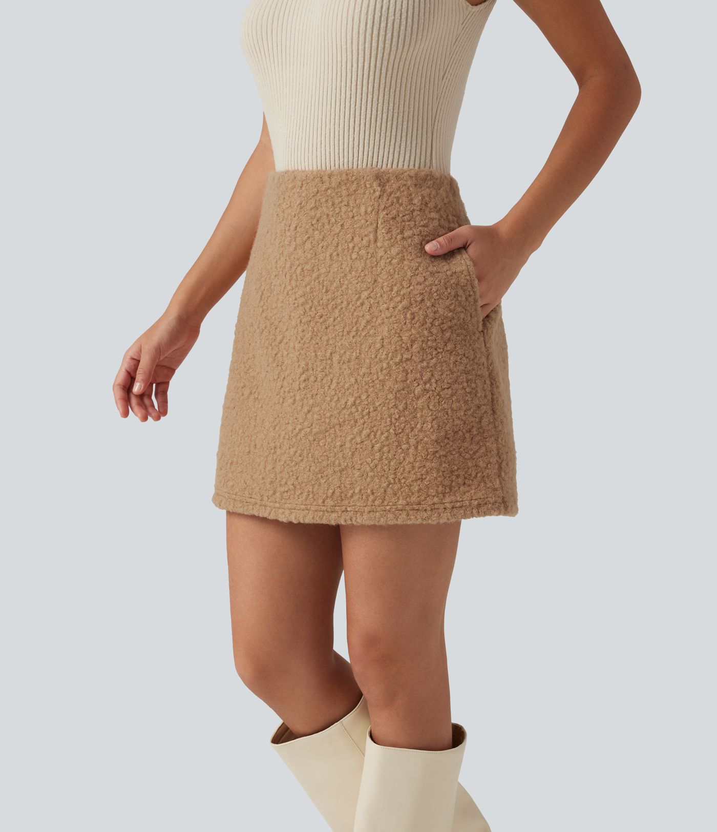 Jupe-short mini effet mouton taille haute coupe trapèze avec poches Jupe-short mini effet mouton taille haute coupe trapèze avec poches
