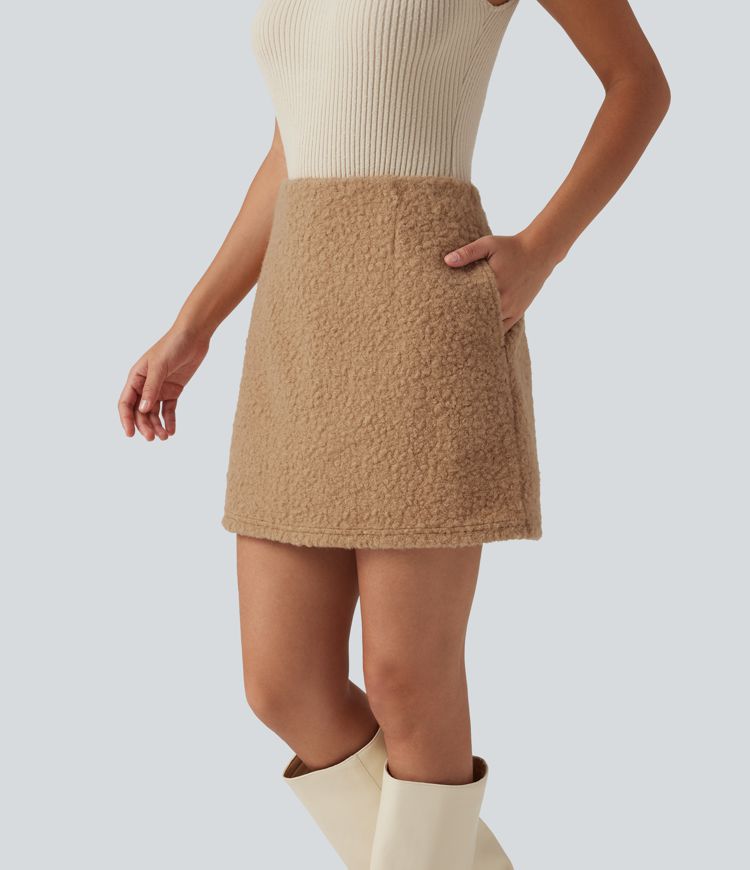 Jupe-short mini effet mouton taille haute coupe trapèze avec poches Jupe-short mini effet mouton taille haute coupe trapèze avec poches