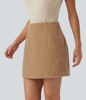 Jupe-short mini effet mouton taille haute coupe trapèze avec poches Jupe-short mini effet mouton taille haute coupe trapèze avec poches