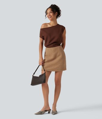 Jupe-short mini effet mouton taille haute coupe trapèze avec poches Jupe-short mini effet mouton taille haute coupe trapèze avec poches