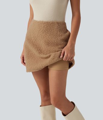 Jupe-short mini effet mouton taille haute coupe trapèze avec poches Jupe-short mini effet mouton taille haute coupe trapèze avec poches