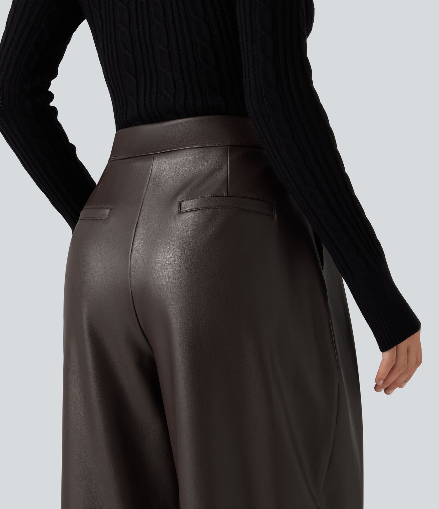 High Waisted Barrel Leg Stretchy PU Fleece Casual Pants with Pockets