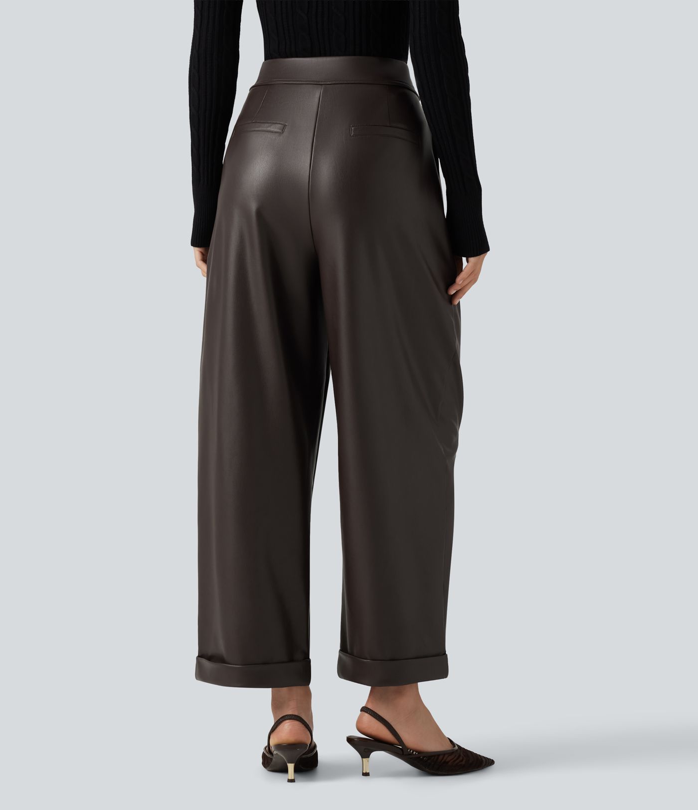 High Waisted Barrel Leg Stretchy PU Fleece Casual Pants with Pockets