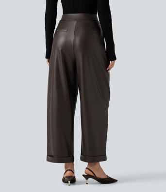 High Waisted Barrel Leg Stretchy PU Fleece Casual Pants with Pockets