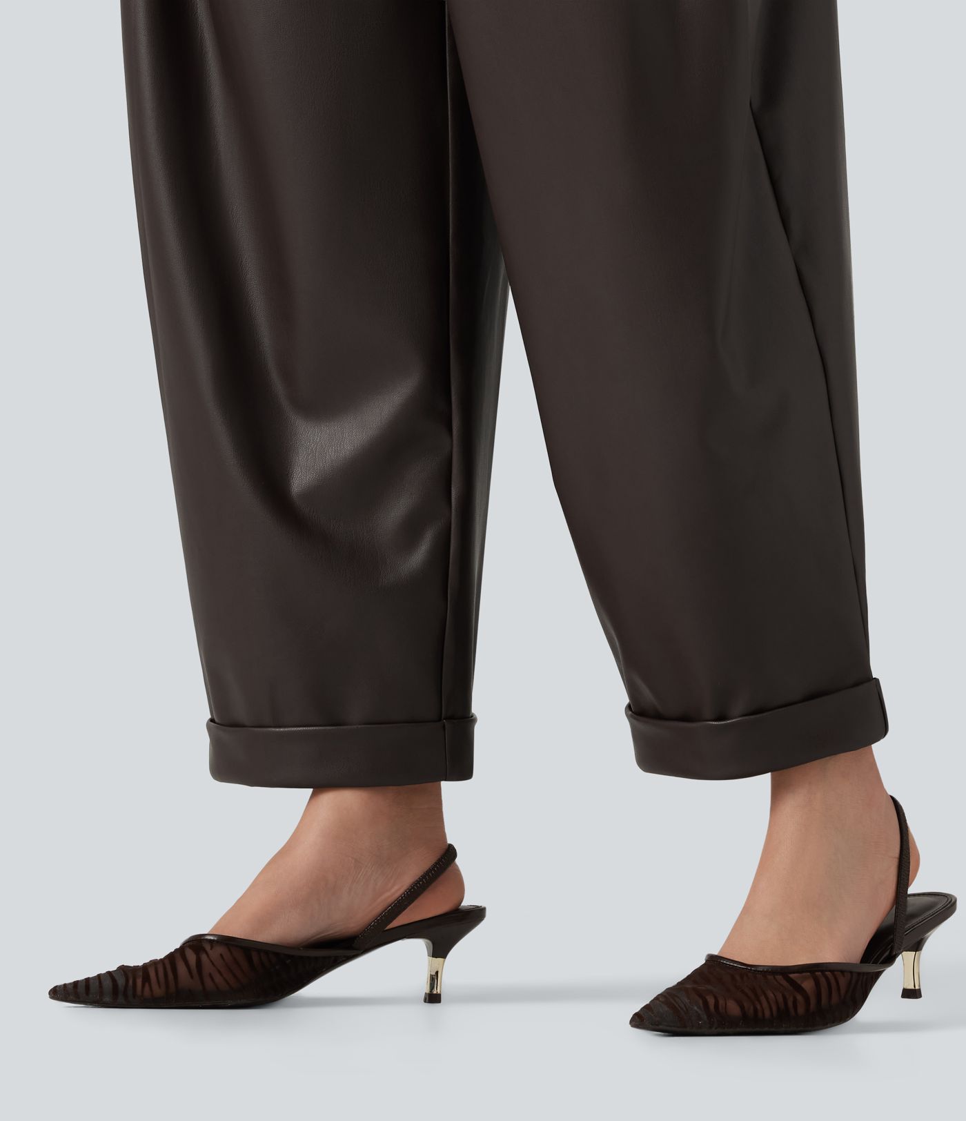 High Waisted Barrel Leg Stretchy PU Fleece Casual Pants with Pockets