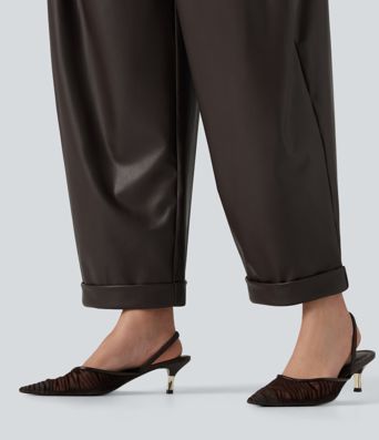 High Waisted Barrel Leg Stretchy PU Fleece Casual Pants with Pockets