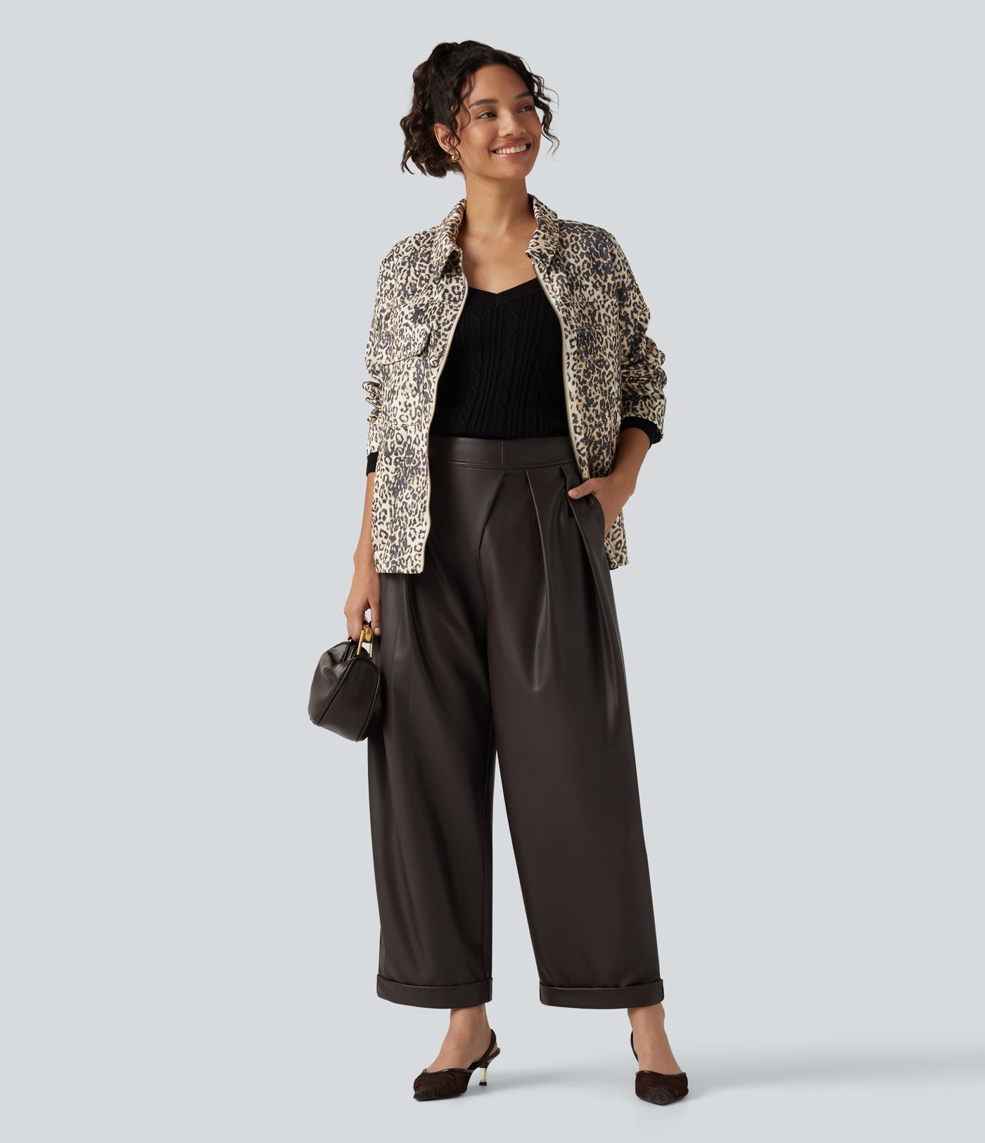 High Waisted Barrel Leg Stretchy PU Fleece Casual Pants with Pockets