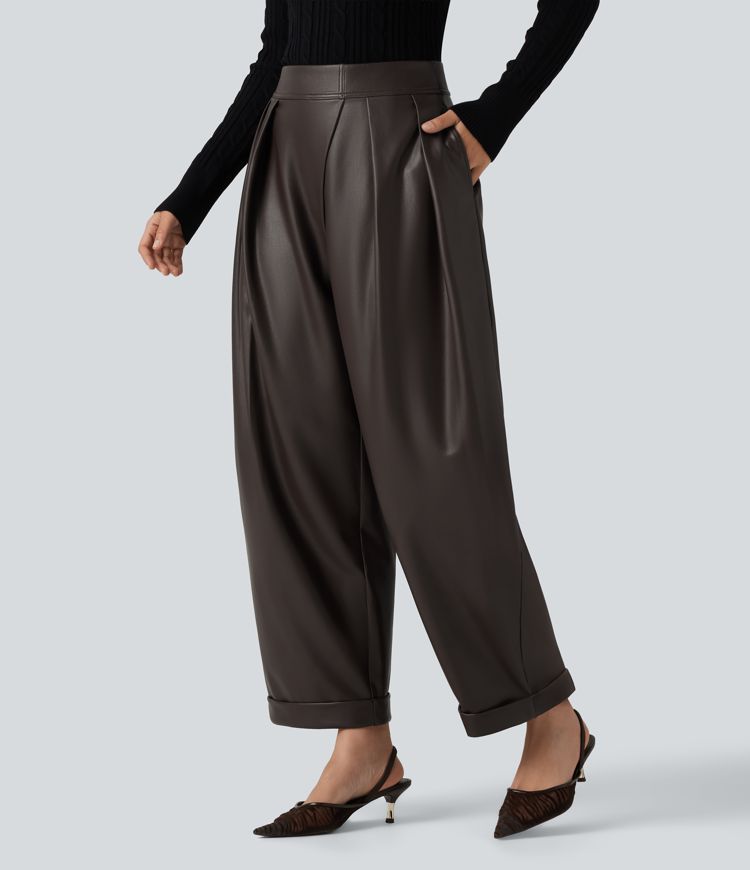 High Waisted Barrel Leg Stretchy PU Fleece Casual Pants with Pockets