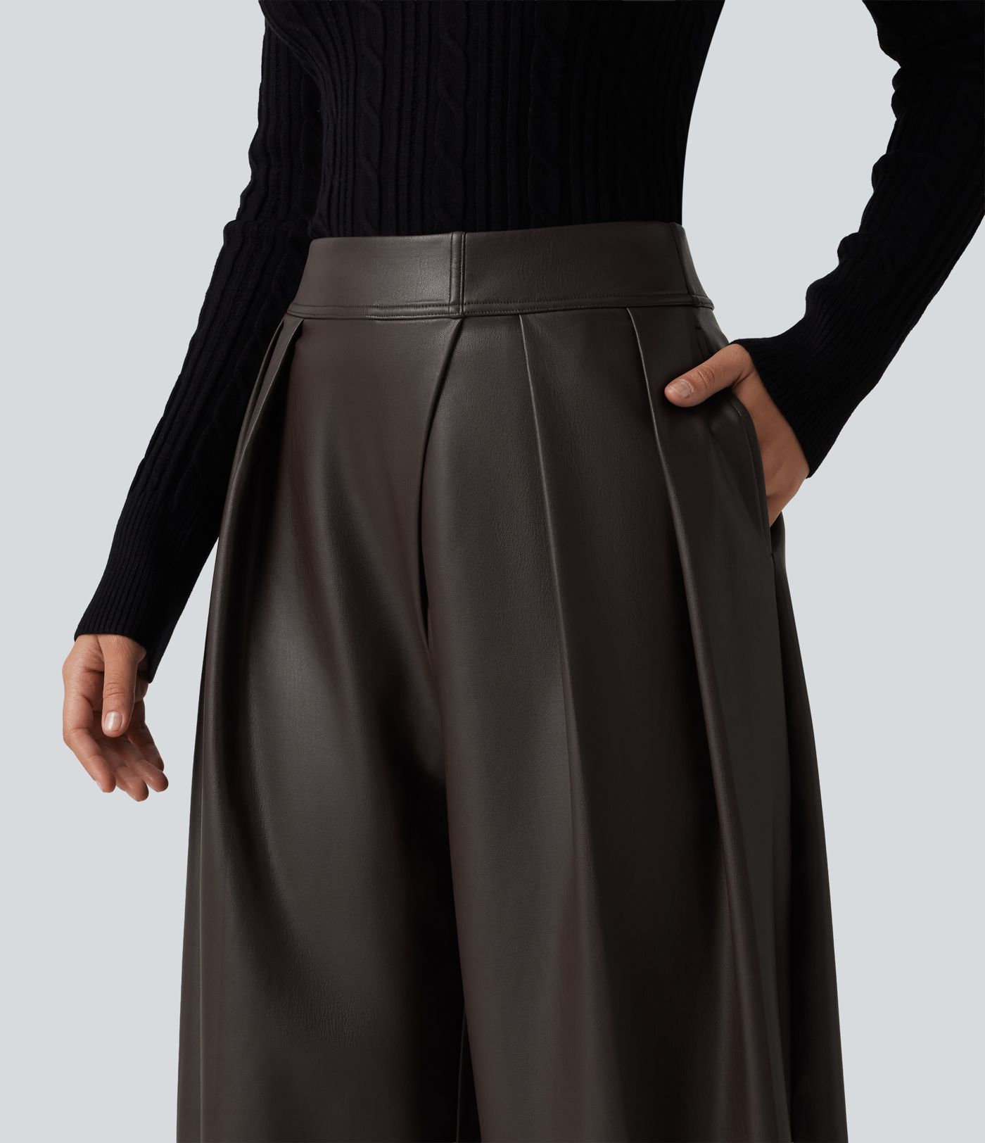 High Waisted Barrel Leg Stretchy PU Fleece Casual Pants with Pockets