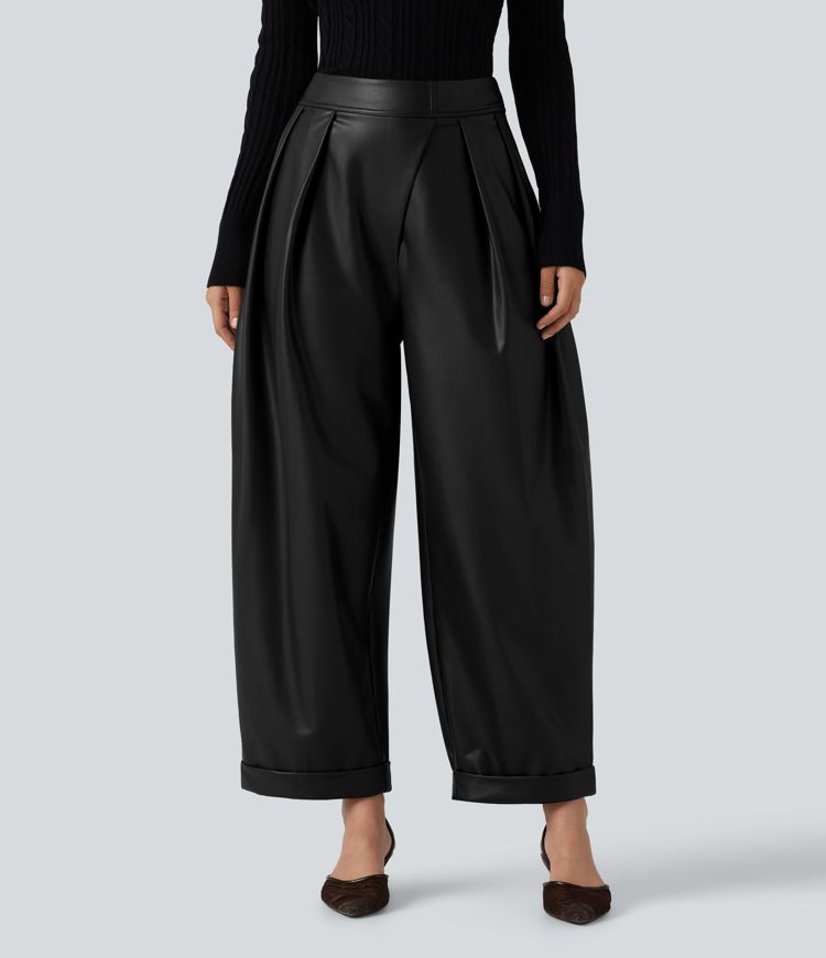High Waisted Barrel Leg Stretchy PU Fleece Casual Pants with Pockets