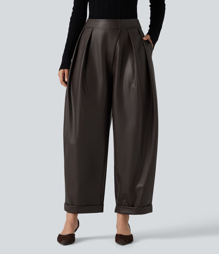 High Waisted Barrel Leg Stretchy PU Fleece Casual Pants with Pockets