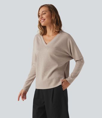 Ribbed V Neck Batwing Long Sleeve Casual Top Ribbed V Neck Batwing Long Sleeve Casual Top