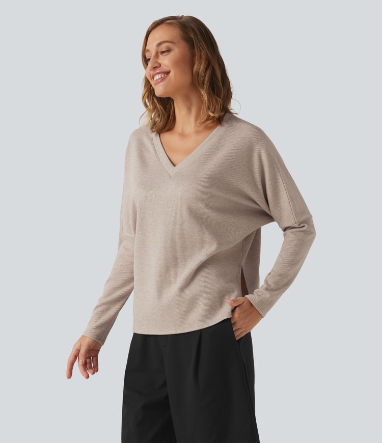 Ribbed V Neck Batwing Long Sleeve Casual Top Ribbed V Neck Batwing Long Sleeve Casual Top
