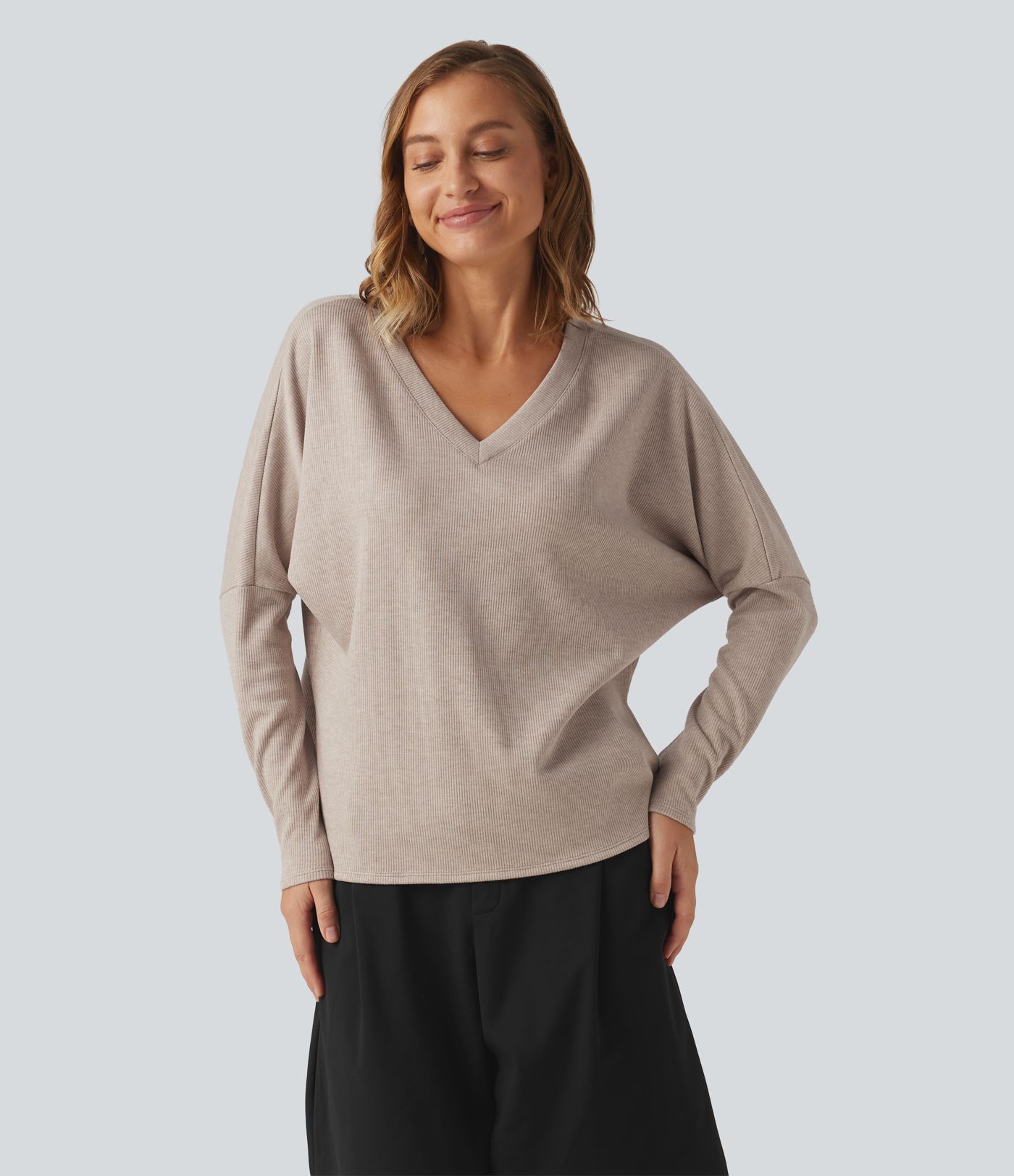 Ribbed V Neck Batwing Long Sleeve Casual Top Ribbed V Neck Batwing Long Sleeve Casual Top