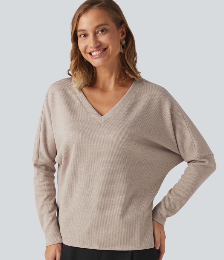 Ribbed V Neck Batwing Long Sleeve Casual Top Ribbed V Neck Batwing Long Sleeve Casual Top