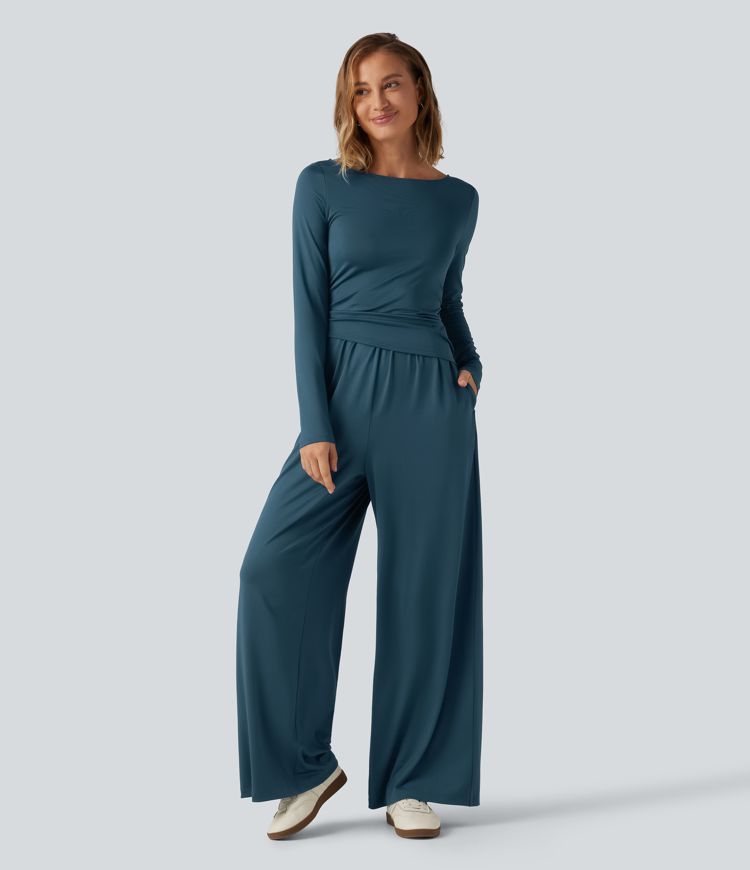 Boat Neck Long Sleeve Wide Leg Ruched Casual Jumpsuit with Pockets-Easy Peezy Edition