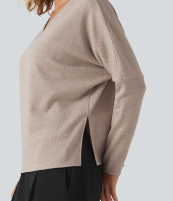 Ribbed V Neck Batwing Long Sleeve Casual Top Ribbed V Neck Batwing Long Sleeve Casual Top