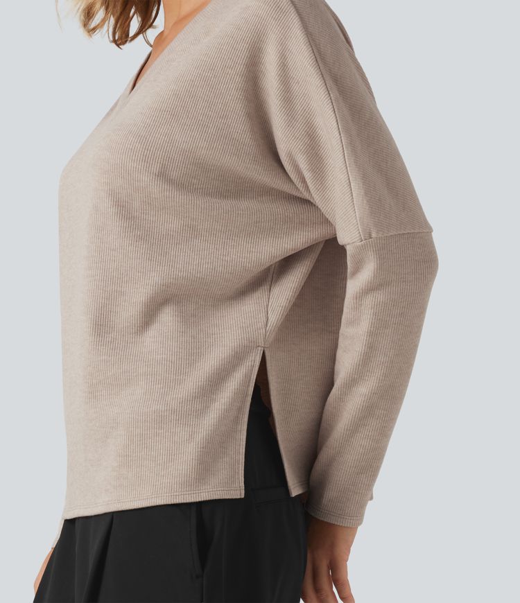Ribbed V Neck Batwing Long Sleeve Casual Top Ribbed V Neck Batwing Long Sleeve Casual Top