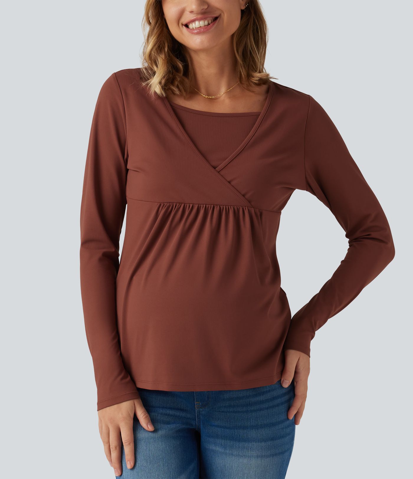 Boat Neck Long Sleeve Crossover Casual Maternity Top