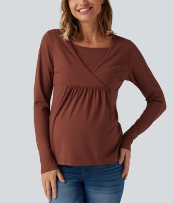 Boat Neck Long Sleeve Crossover Casual Maternity Top