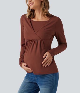 Boat Neck Long Sleeve Crossover Casual Maternity Top