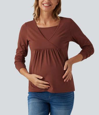 Boat Neck Long Sleeve Crossover Casual Maternity Top