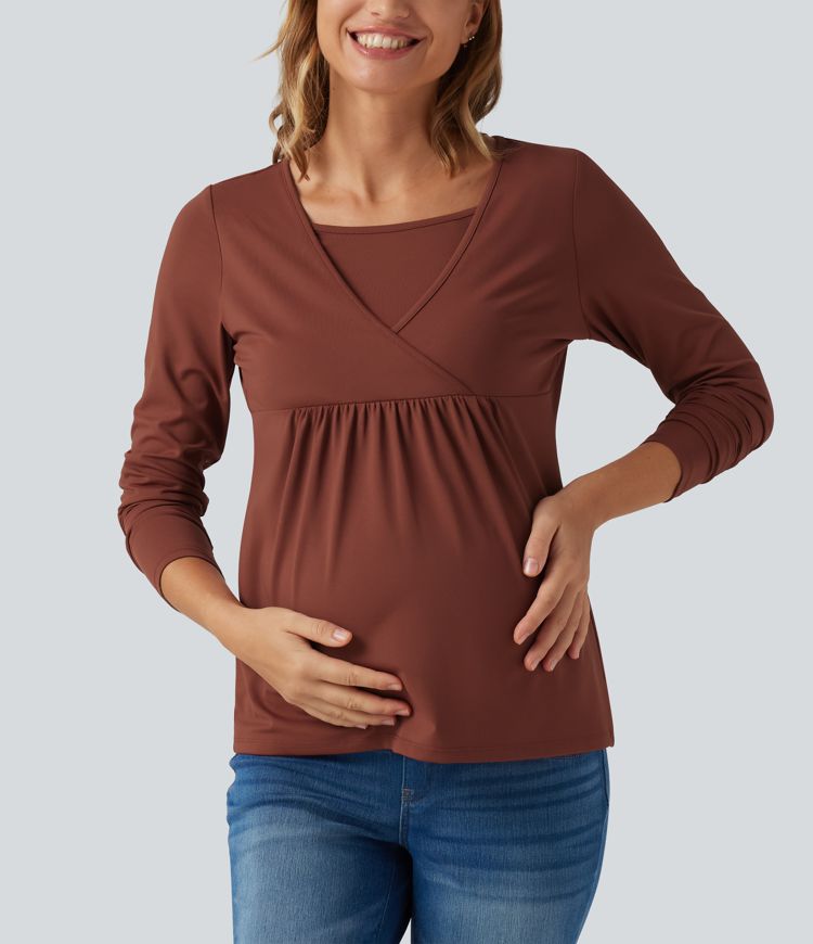 Boat Neck Long Sleeve Crossover Casual Maternity Top
