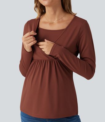 Boat Neck Long Sleeve Crossover Casual Maternity Top